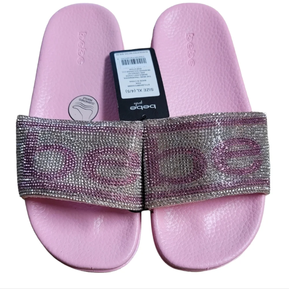 Bebe Girls Light Pink/Silver Rhinestone Logo Slides, Size XL (4/5)